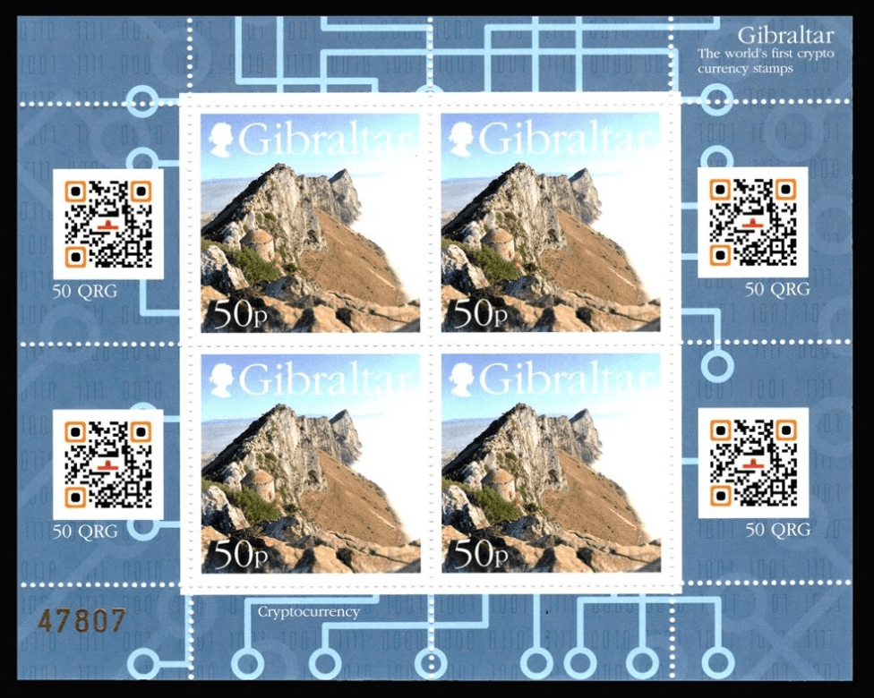 Arkusik crypto currency stamps wyemitowany przez Royal Gibraltar Post Office