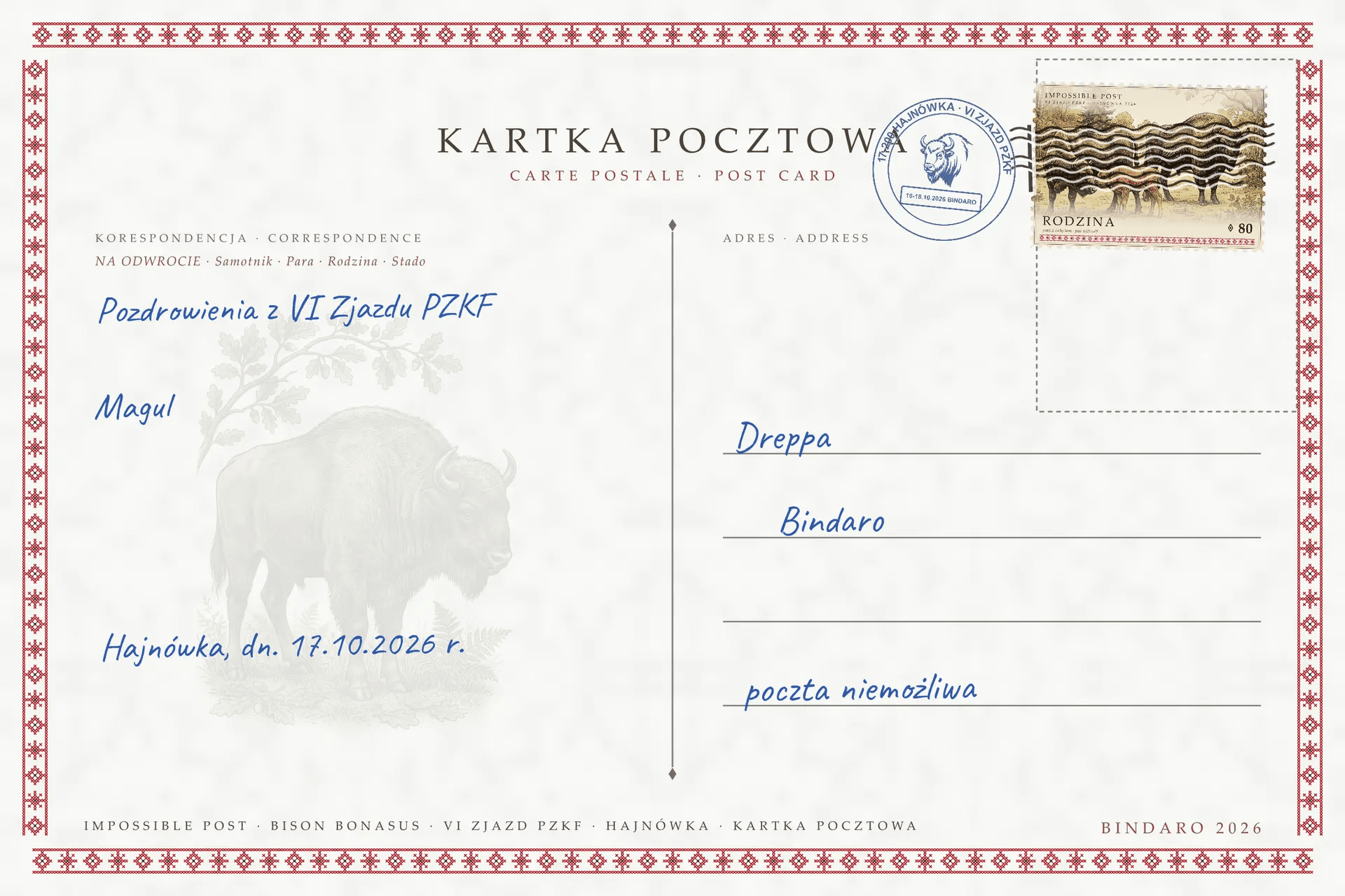 Cyfrowa kartka pocztowa Bison Bonasus ze znaczkiem Rodzina i datownikiem VI Zjazdu PZKF