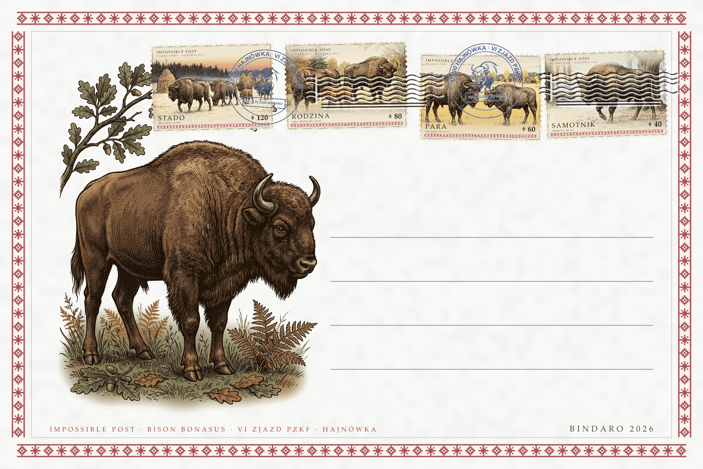 Cyfrowa koperta Bison Bonasus z czterema znaczkami: Stado, Rodzina, Para, Samotnik
